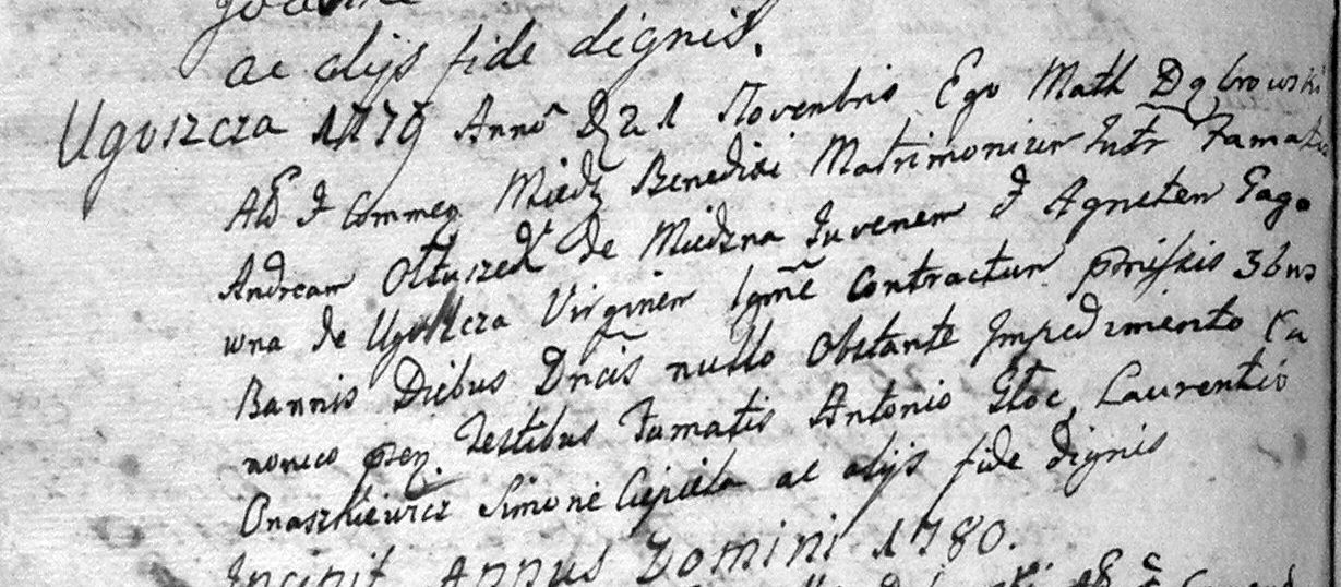 Partida de matrimonio manuscrita en latín, parroquia de Miedzna, Polonia, 1779
